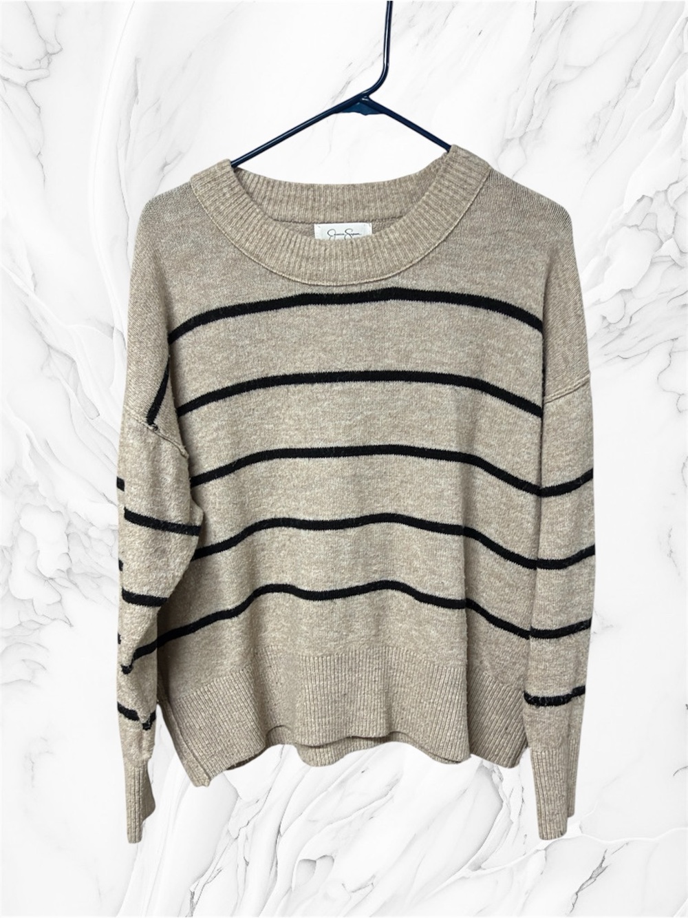 Jessica Simpson Beige Crewneck Sweater with Black horizontal Stripes medium
